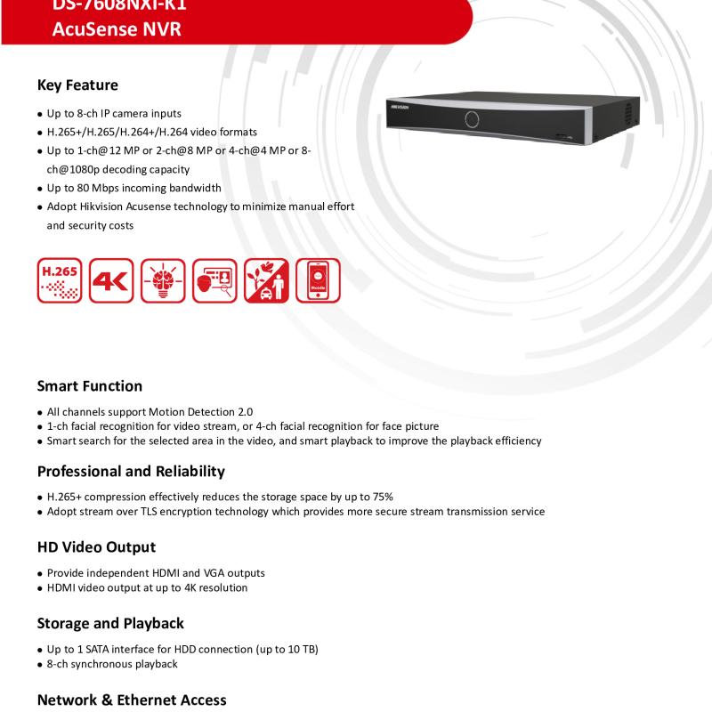 جهاز تسجيل شبكي ذكي NVR هيكفيجن 8 قنوات 12MP AcuSense هارد 10 تيرا