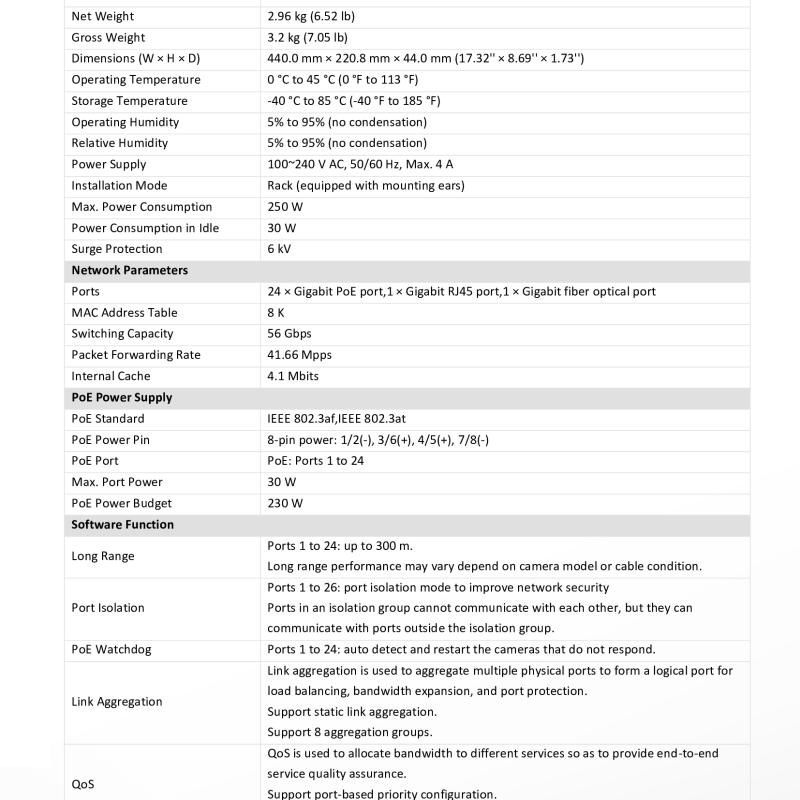 سويتش كاميرات ذكي هيكفيجن 24 منفذ جيجابت PoE طاقة 230 واط