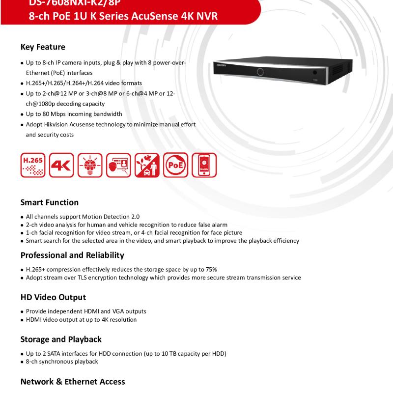 جهاز تسجيل شبكي ذكي NVR هيكفيجن 8 قنوات PoE AcuSense (2 هارد)