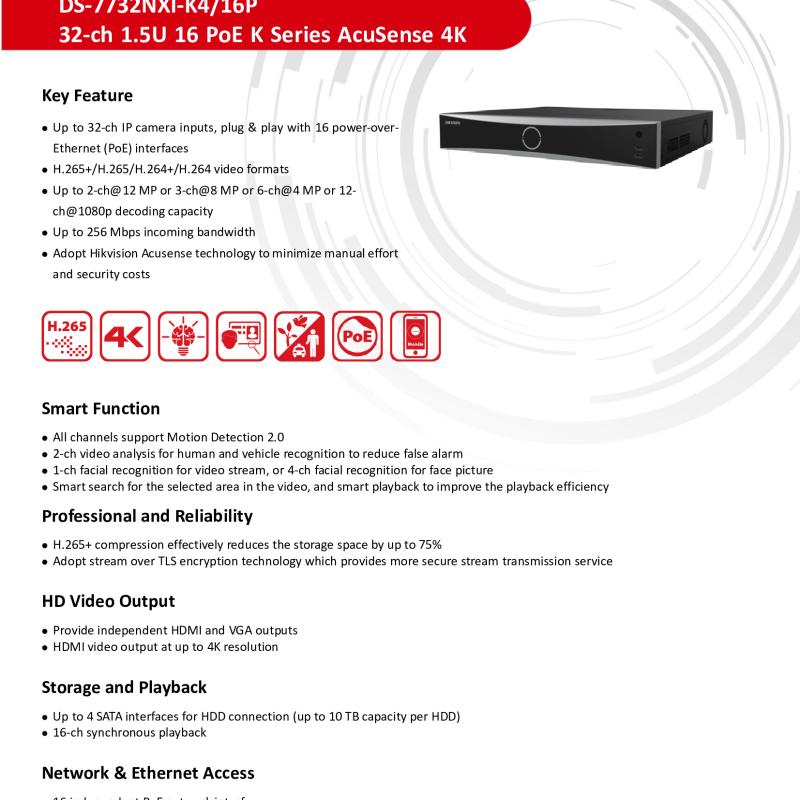 جهاز تسجيل شبكي ذكي NVR هيكفيجن 32 قناة 4K (منها 16 منفذ PoE) AcuSense